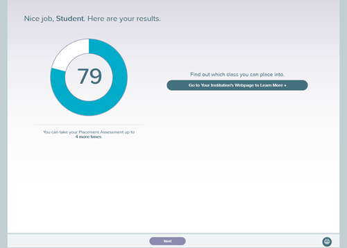 ALEKS Placement Result Webpage Screen Capture