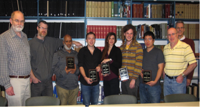 (pictured left to right) Professor Jim McClure, Dominic Naughton, Director, GTA Program, Ibrahim Aly, Nicholas Miller, Lida Ahmadi, Jake Desmond, Frankie Chan,  with Professors David Goldberg and Greg Buzzard