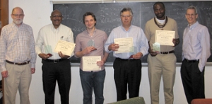  Associate Head Prof. Jim McClure (far left) and Department Head Prof. Gregery Buzzard (far right) present Spira awards to Prof. Johnny Brown, Prof. Daniel Kelleher, Prof. Rodrigo Bañuelos and Prof. Edinah Gnang for excellence in teaching and mentoring. 