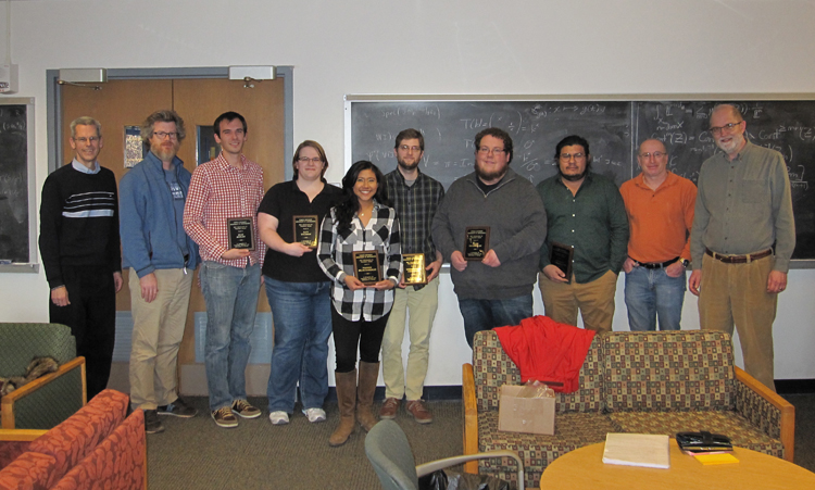 Ryan Spitler, Katy Yochman, Vianney Filos-Gonzalez, Chris Creighton, Tyler Billingsley, and Roberto Ulloa-esquivel with Professors Greg Buzzard, Dominic Naughton, David Goldberg and Jim McClure