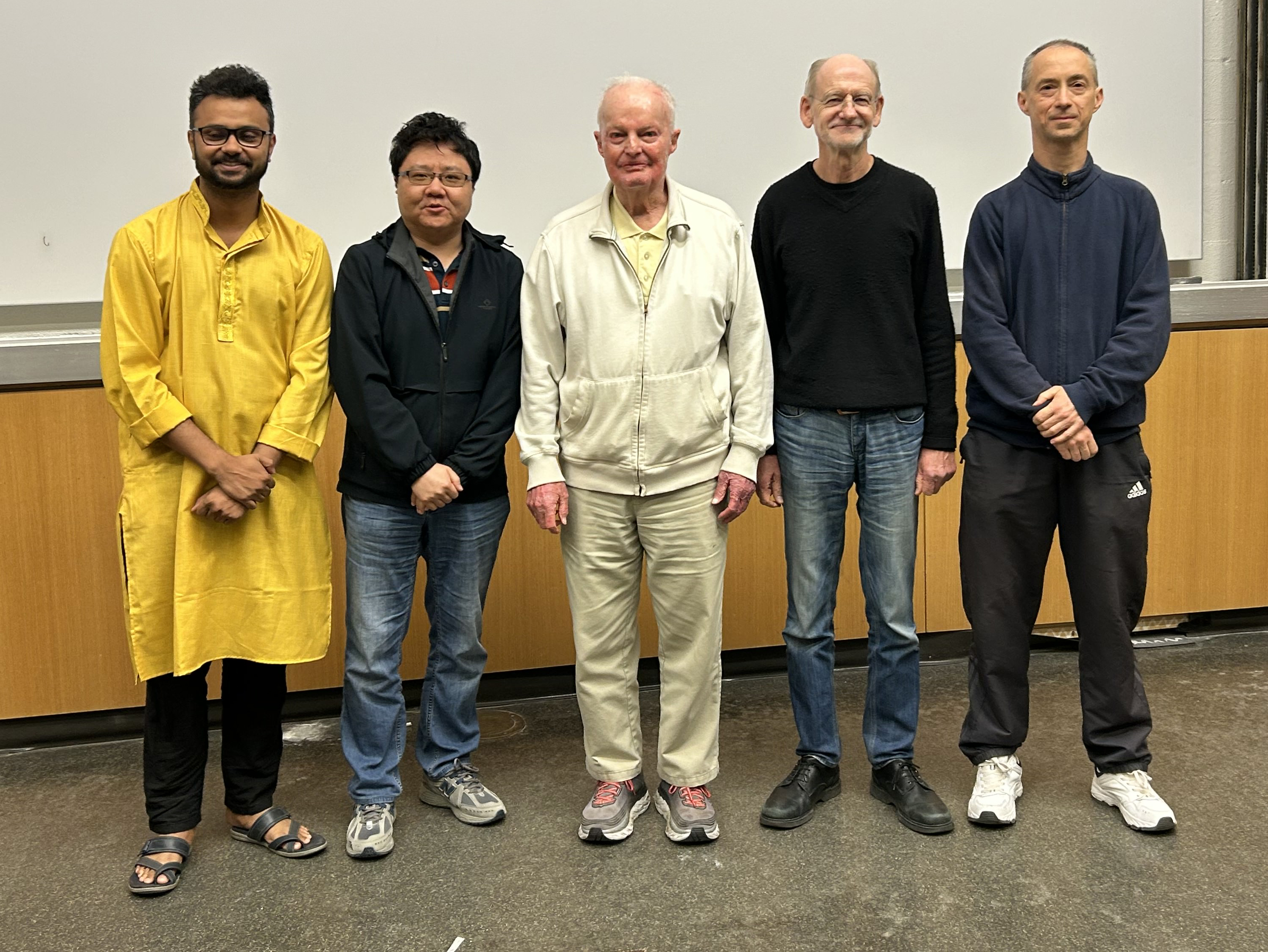 Organizers of the Algebra Across Time Conference, above, from left to right: Vaibhav Pandey (Golomb visiting assistant professor), Linquan Ma (associate professor), William Heinzer, Bernd Ulrich (professor), and Uli Walther (professor). Photo provided by Irena Swanson (professor and head of Purdue Mathematics).