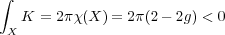 ∫
   K  = 2π χ(X) = 2π(2 - 2g) < 0
 X  