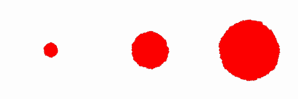 Three still frames from the first-passage percolation growth video, showing the ball at increasing times.