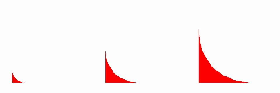 Three still frames from the last-passage percolation infection-growth video, showing the infected region at increasing times.