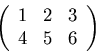 \begin{displaymath}\left(\begin{array}{ccc}
1 & 2 & 3 \\
4 & 5 & 6
\end{array}\right)
\end{displaymath}