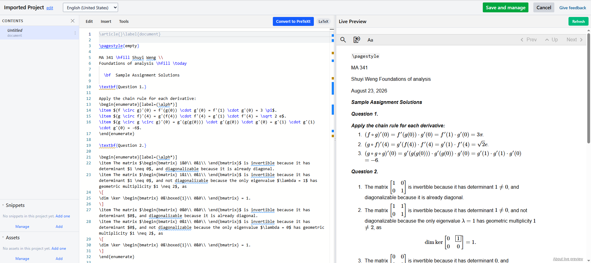 PreTeXt project view
